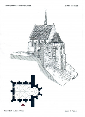 Kostel Stětí sv. Jana Křtitele / kresební rekonstrukce gotické stavby