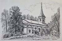 Kostel sv. Jana Křtitele / Dobová fotografie kostela sv. Jana Křtitele s farou a okolím / Autor fotografie: Kostela svatého Jana Křtitele